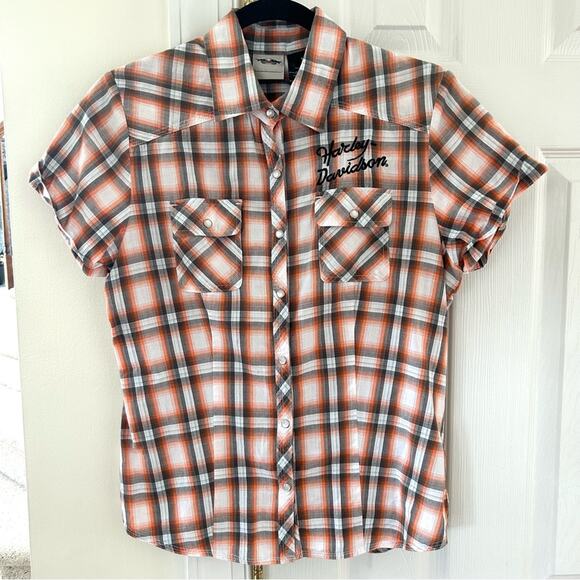 Harley Davidson Back Embroidered Orange & Black Plaid Button Down - Picture 1 of 5